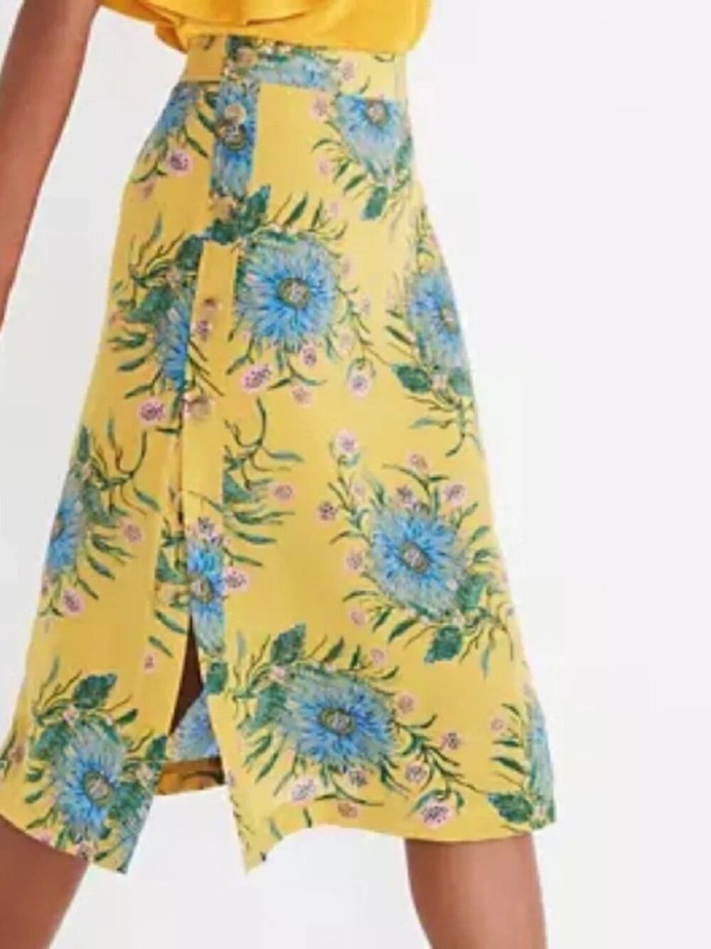 Madewell Painted Blooms Silk Side-Button Skirt Gold Blue Pink Size 14